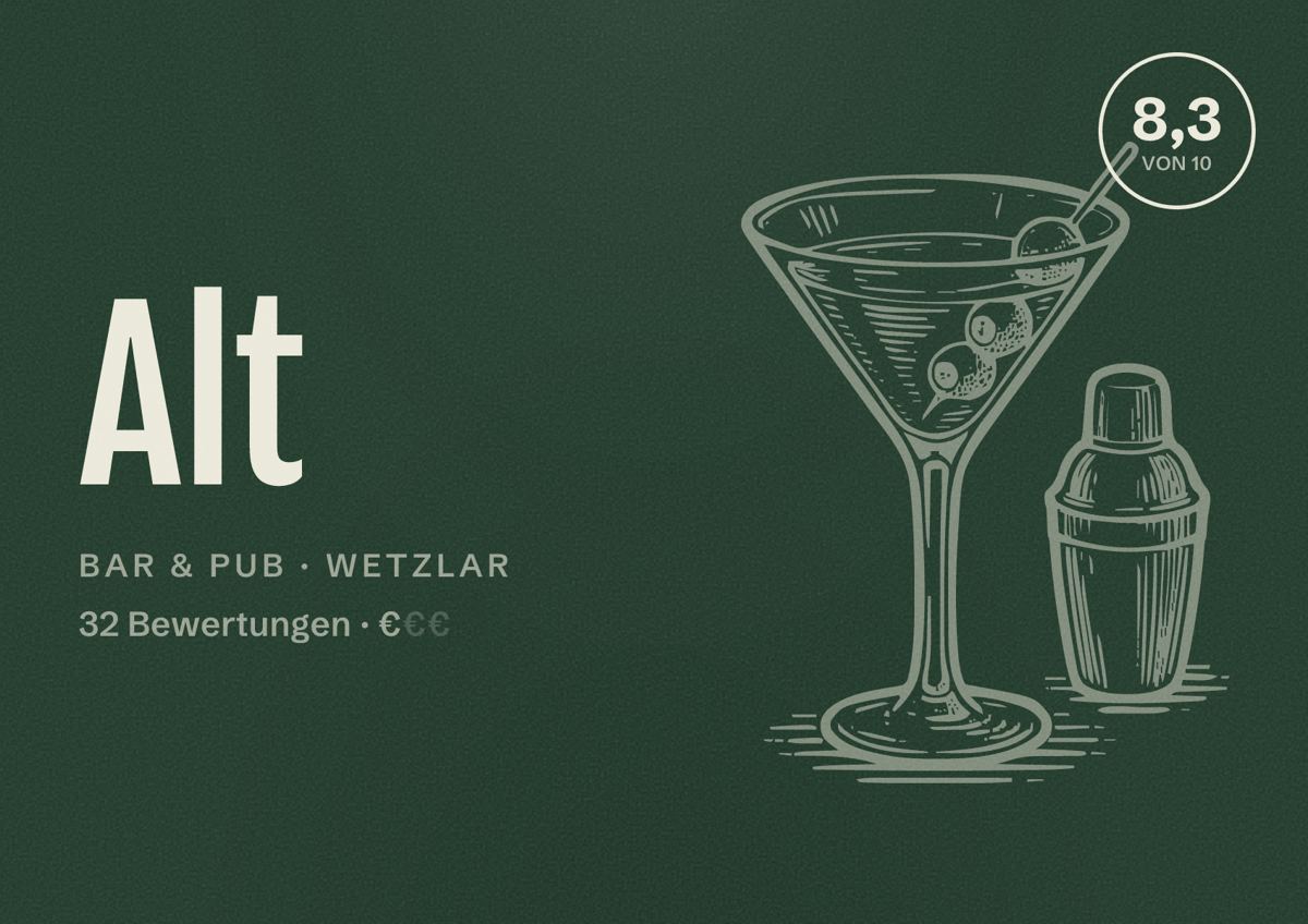 Illustriertes Poster von Alt, Bar & Pub in Wetzlar: Bewertung 8,3 von 10 aus 32 Bewertungen, Preisniveau €