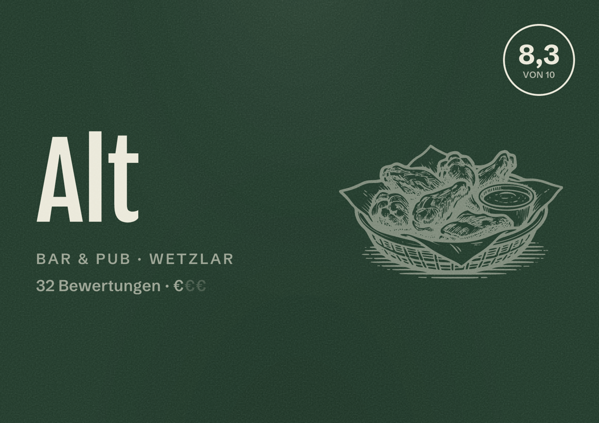 Illustriertes Poster von Alt, Bar & Pub in Wetzlar: Bewertung 8,3 von 10 aus 32 Bewertungen, Preisniveau €