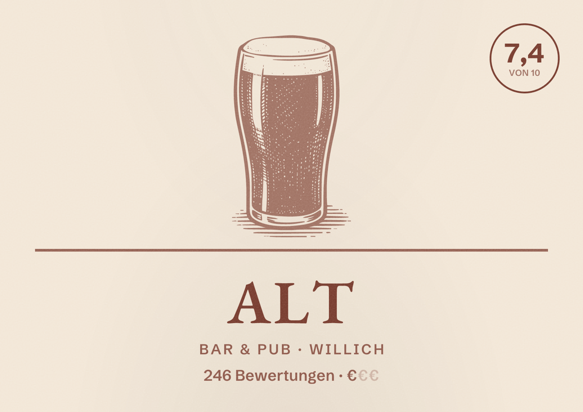 Illustriertes Poster von Alt, Bar & Pub in Willich: Bewertung 7,4 von 10 aus 246 Bewertungen, Preisniveau €