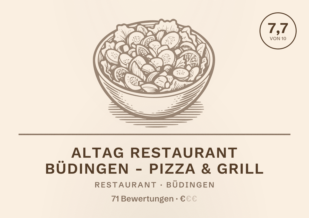 Illustriertes Poster von Altag Restaurant Büdingen - Pizza & Grill, Restaurant in Büdingen: Bewertung 7,7 von 10 aus 71 Bewertungen, Preisniveau €