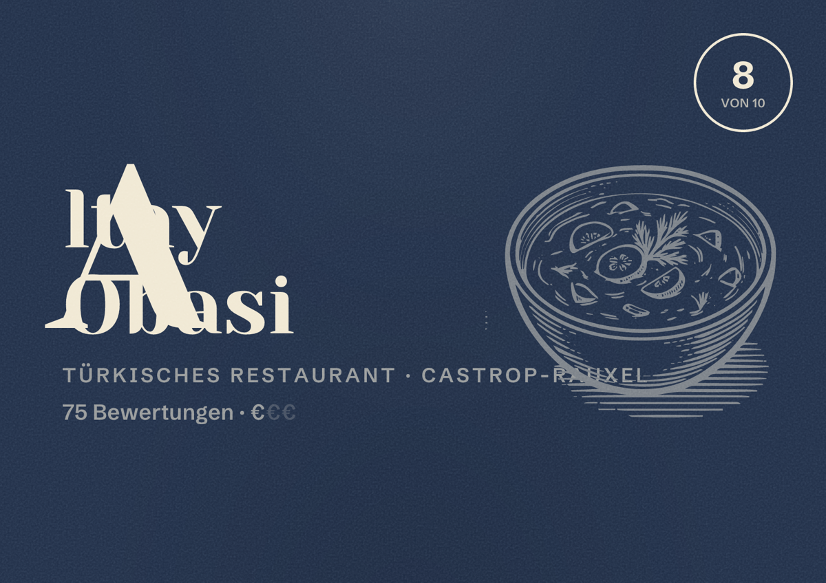 Illustriertes Poster von Altay Obasi, Türkisches Restaurant in Castrop-Rauxel: Bewertung 8,0 von 10 aus 75 Bewertungen, Preisniveau €