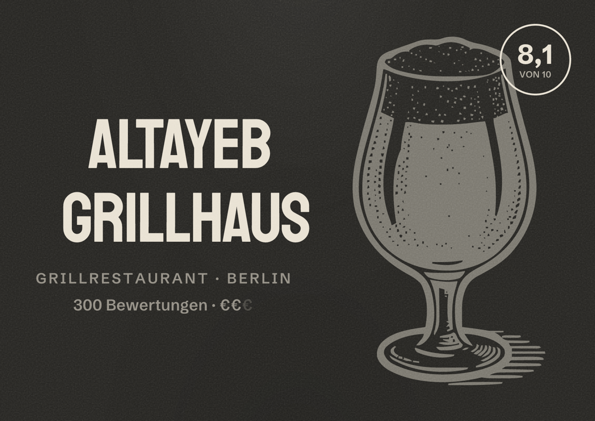 Illustriertes Poster von Altayeb Grillhaus, Grillrestaurant in Berlin: Bewertung 8,1 von 10 aus 300 Bewertungen, Preisniveau €€