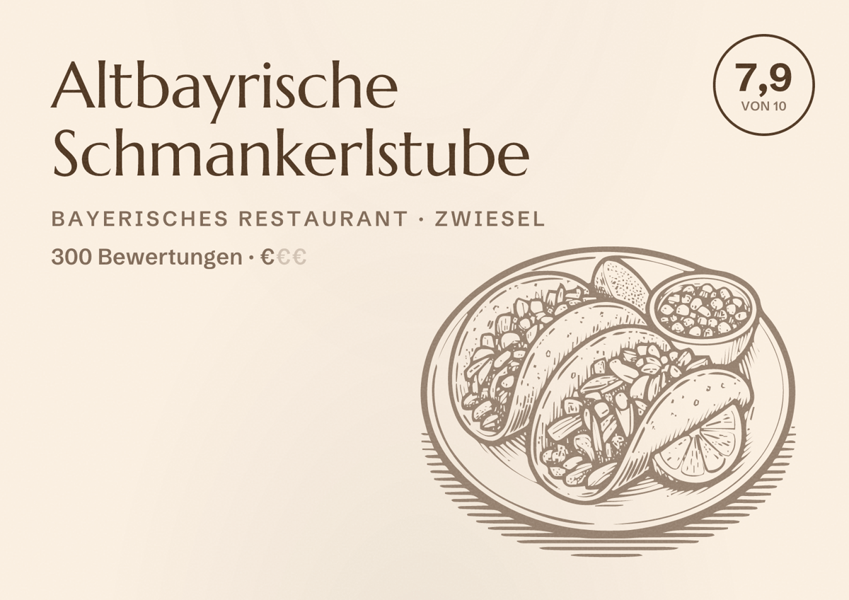 Illustriertes Poster von Altbayrische Schmankerlstube, Bayerisches Restaurant in Zwiesel: Bewertung 7,9 von 10 aus 300 Bewertungen, Preisniveau €