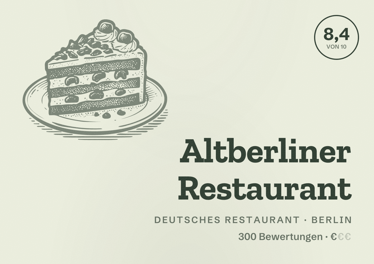 Illustriertes Poster von Altberliner Restaurant, Deutsches Restaurant in Berlin: Bewertung 8,4 von 10 aus 300 Bewertungen, Preisniveau €