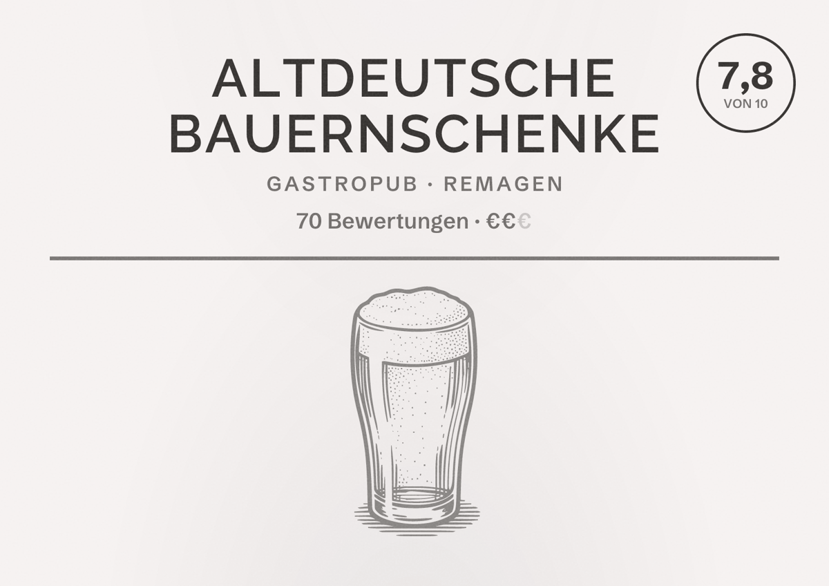 Illustriertes Poster von Altdeutsche Bauernschenke, Gastropub in Remagen: Bewertung 7,8 von 10 aus 70 Bewertungen, Preisniveau €€