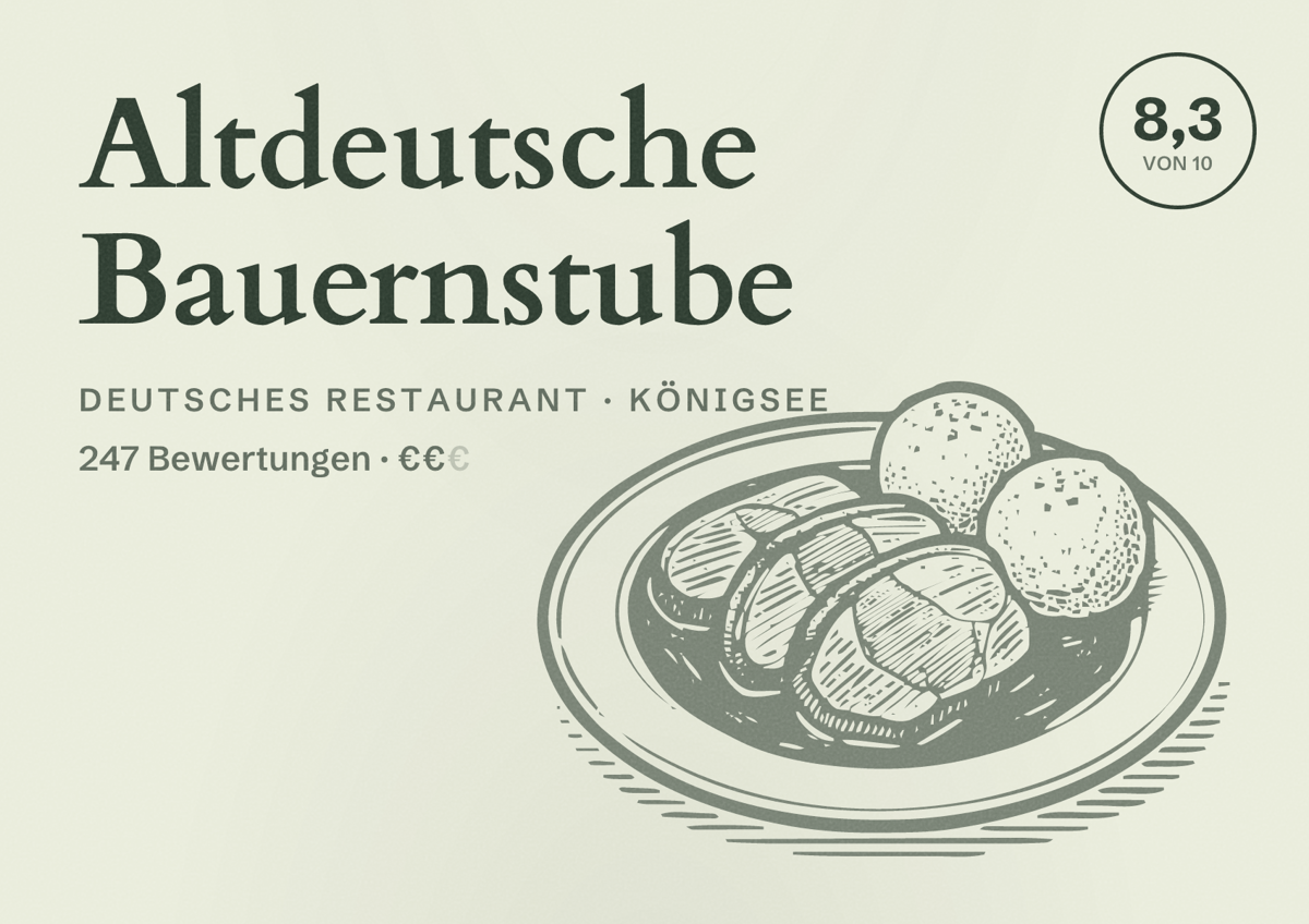Illustriertes Poster von Altdeutsche Bauernstube, Deutsches Restaurant in Königsee: Bewertung 8,3 von 10 aus 247 Bewertungen, Preisniveau €€