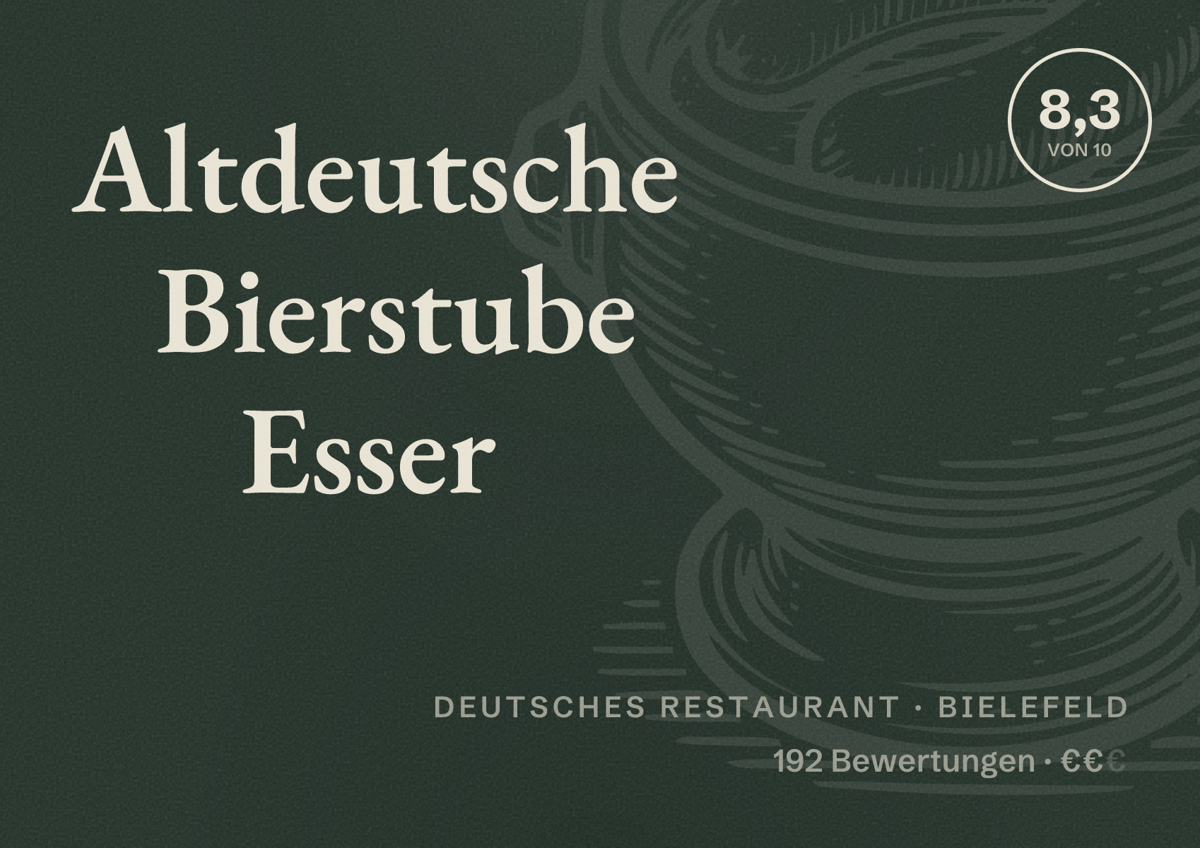 Illustriertes Poster von Altdeutsche Bierstube Esser, Deutsches Restaurant in Bielefeld: Bewertung 8,3 von 10 aus 192 Bewertungen, Preisniveau €€