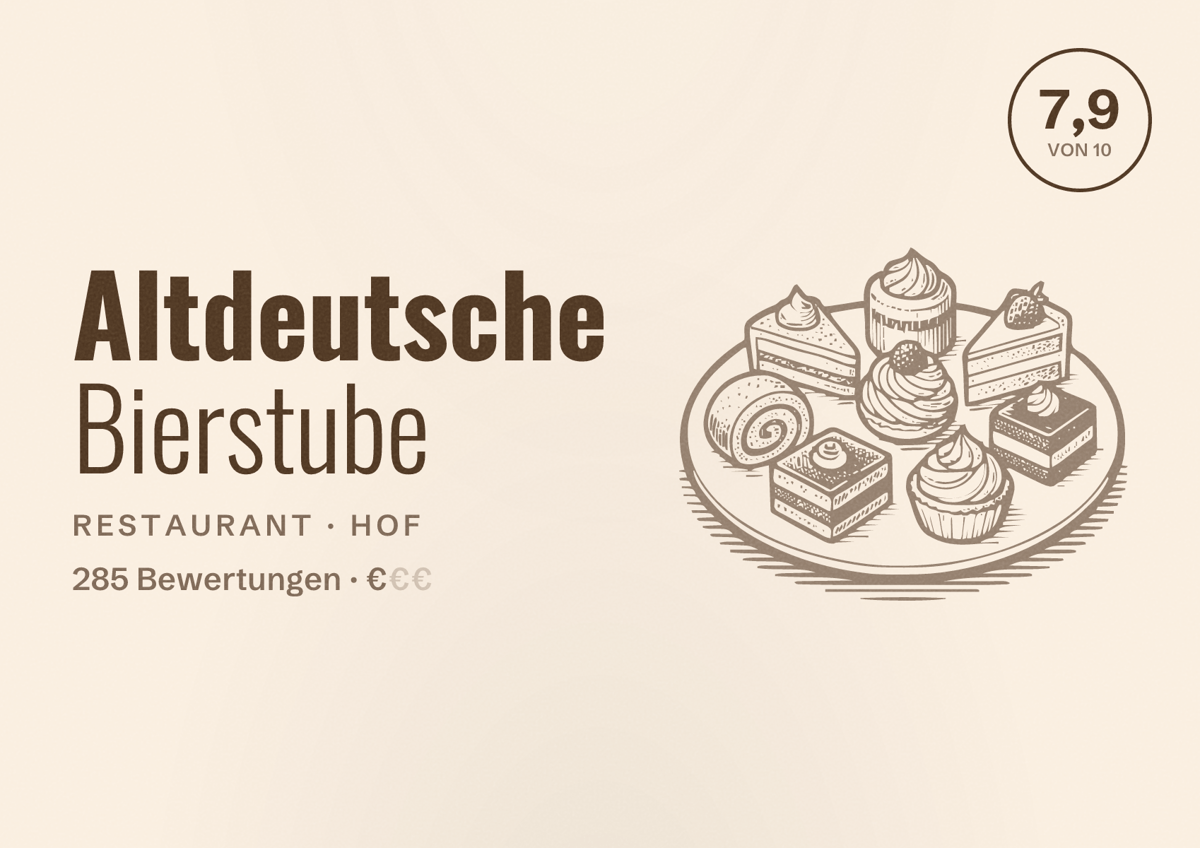 Illustriertes Poster von Altdeutsche Bierstube, Restaurant in Hof: Bewertung 7,9 von 10 aus 285 Bewertungen, Preisniveau €