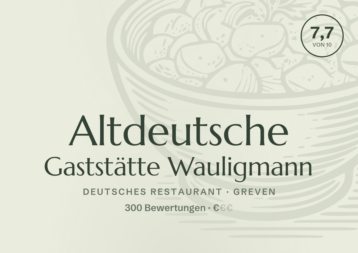 Illustriertes Poster von Altdeutsche Gaststätte Wauligmann, Deutsches Restaurant in Greven: Bewertung 7,7 von 10 aus 300 Bewertungen, Preisniveau €