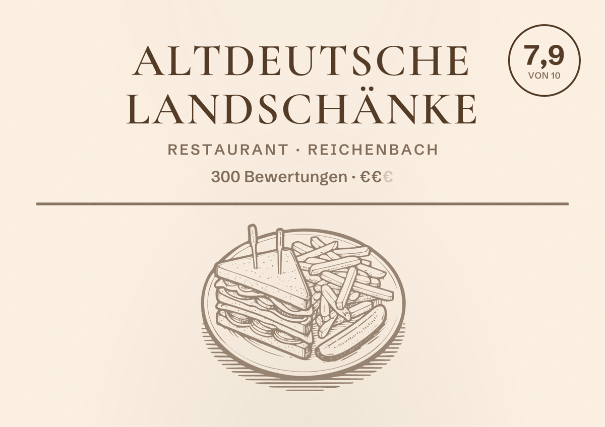 Illustriertes Poster von Altdeutsche Landschänke, Restaurant in Reichenbach: Bewertung 7,9 von 10 aus 300 Bewertungen, Preisniveau €€