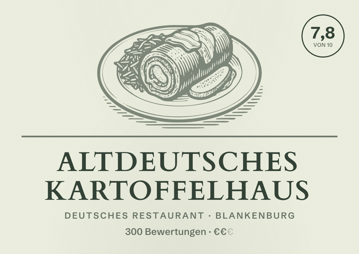 Illustriertes Poster von Altdeutsches Kartoffelhaus, Deutsches Restaurant in Blankenburg: Bewertung 7,8 von 10 aus 300 Bewertungen, Preisniveau €€
