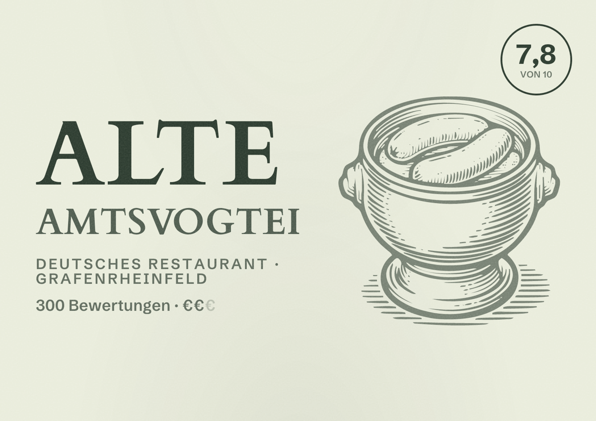 Illustriertes Poster von Alte Amtsvogtei, Deutsches Restaurant in Grafenrheinfeld: Bewertung 7,8 von 10 aus 300 Bewertungen, Preisniveau €€