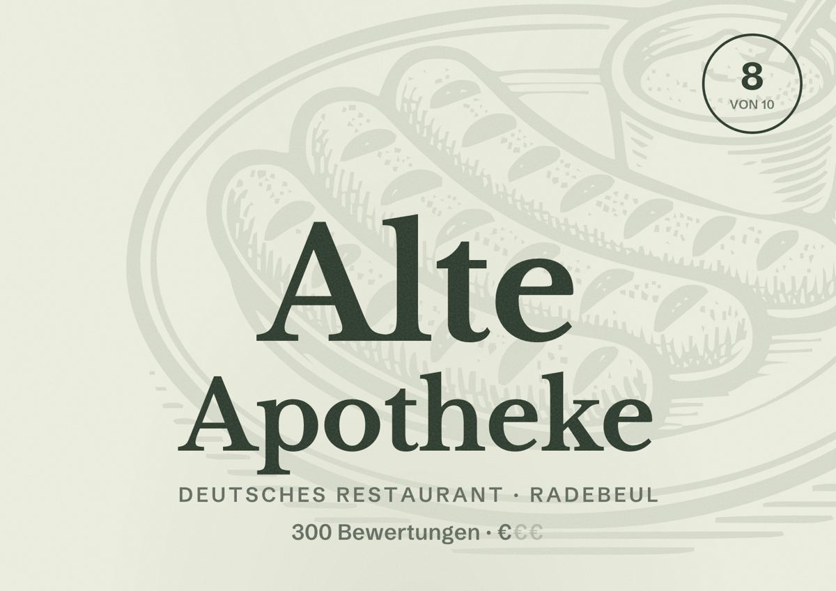 Illustriertes Poster von Alte Apotheke, Deutsches Restaurant in Radebeul: Bewertung 8 von 10 aus 300 Bewertungen, Preisniveau €