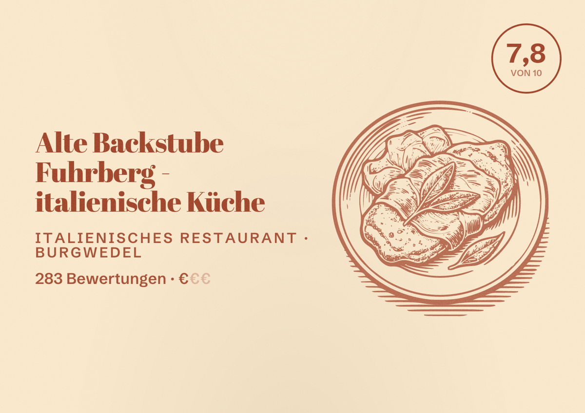 Illustriertes Poster von Alte Backstube Fuhrberg - italienische Küche, Italienisches Restaurant in Burgwedel: Bewertung 7,8 von 10 aus 283 Bewertungen, Preisniveau €