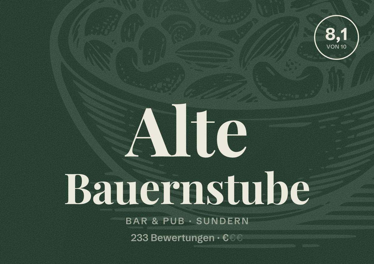 Illustriertes Poster von Alte Bauernstube, Bar & Pub in Sundern: Bewertung 8,1 von 10 aus 233 Bewertungen, Preisniveau €
