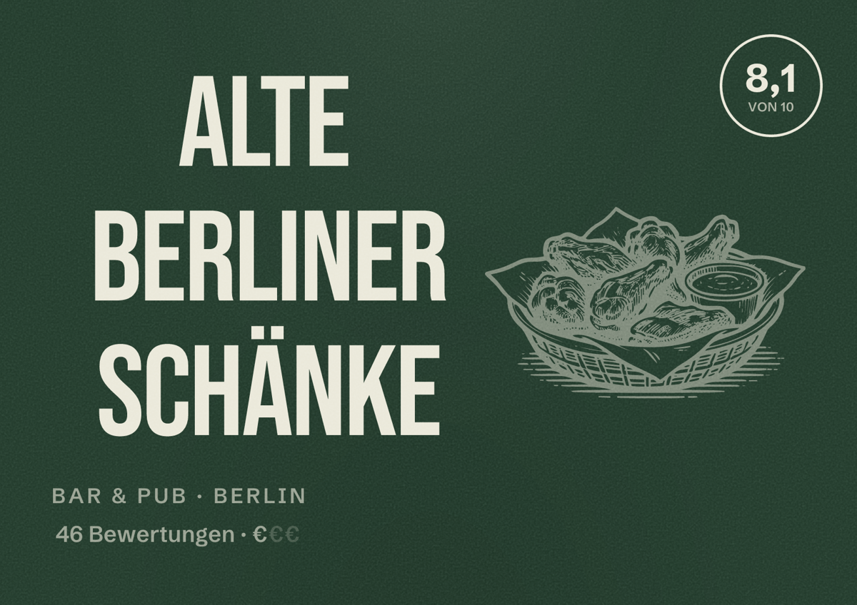 Illustriertes Poster von Alte Berliner Schänke, Bar & Pub in Berlin: Bewertung 8,1 von 10 aus 46 Bewertungen, Preisniveau €