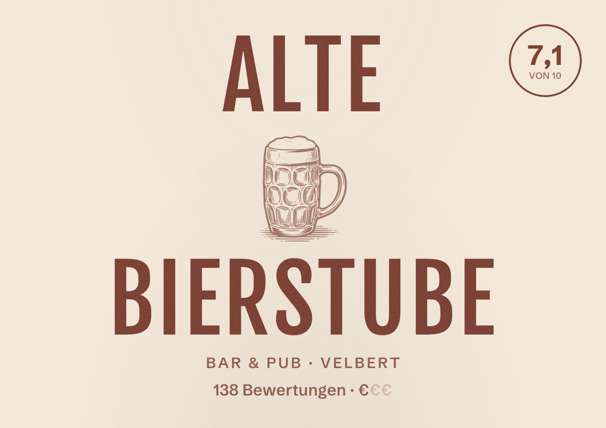 Illustriertes Poster von Alte Bierstube, Bar & Pub in Velbert: Bewertung 7,1 von 10 aus 138 Bewertungen, Preisniveau €