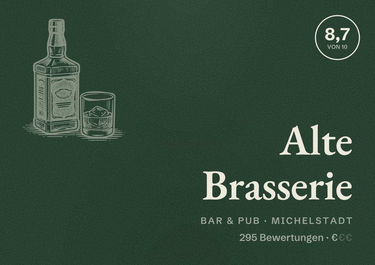 Illustriertes Poster von Alte Brasserie, Bar & Pub in Michelstadt: Bewertung 8,7 von 10 aus 295 Bewertungen, Preisniveau €