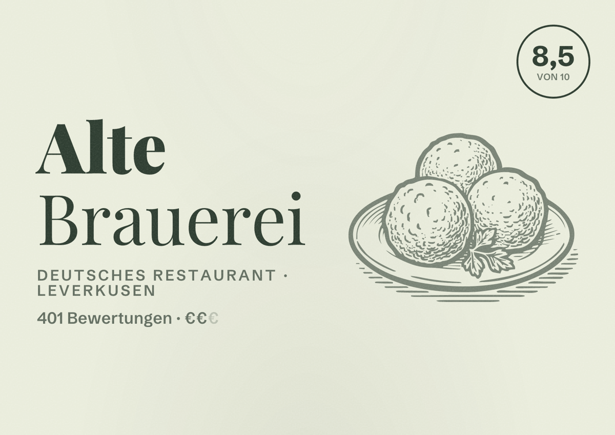 Illustriertes Poster von Alte Brauerei, Deutsches Restaurant in Leverkusen: Bewertung 8,5 von 10 aus 401 Bewertungen, Preisniveau €€