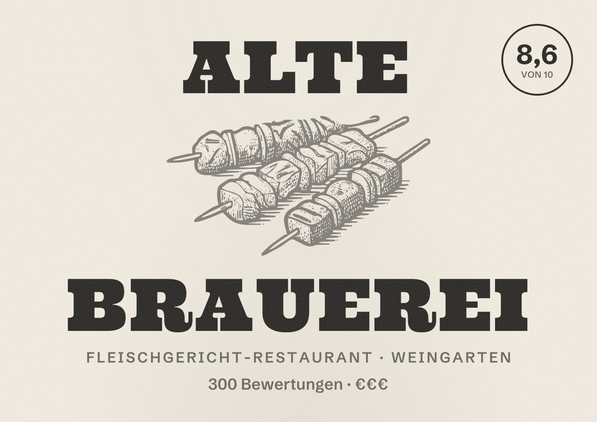 Illustriertes Poster von Alte Brauerei, Fleischgericht-Restaurant in Weingarten: Bewertung 8,6 von 10 aus 300 Bewertungen, Preisniveau €€€