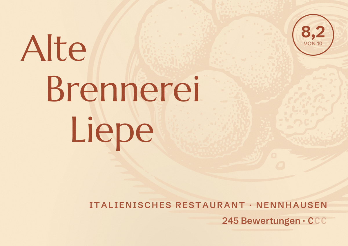 Illustriertes Poster von Alte Brennerei Liepe, Italienisches Restaurant in Nennhausen: Bewertung 8,2 von 10 aus 245 Bewertungen, Preisniveau €