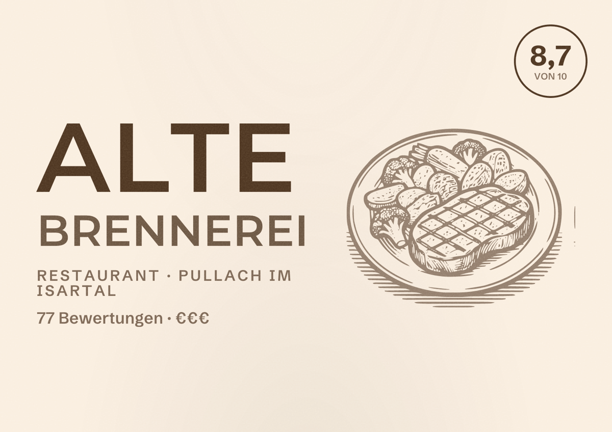 Illustriertes Poster von Alte Brennerei, Restaurant in Pullach im Isartal: Bewertung 8,7 von 10 aus 77 Bewertungen, Preisniveau €€€