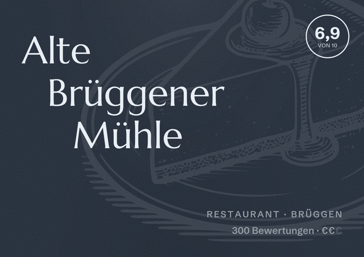 Illustriertes Poster von Alte Brüggener Mühle, Restaurant in Brüggen: Bewertung 6,9 von 10 aus 300 Bewertungen, Preisniveau €€