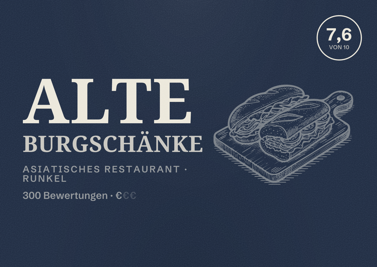 Illustriertes Poster von Alte Burgschänke, Asiatisches Restaurant in Runkel: Bewertung 7,6 von 10 aus 300 Bewertungen, Preisniveau €