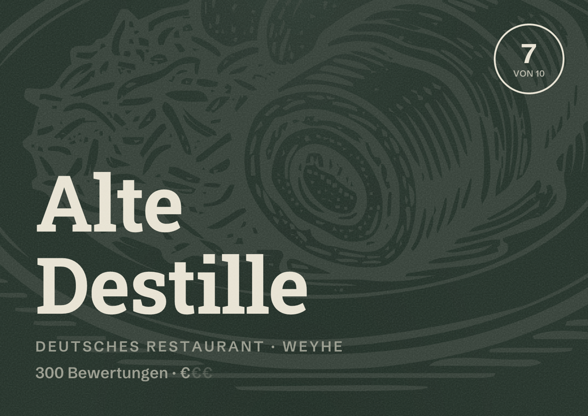 Illustriertes Poster von Alte Destille, Deutsches Restaurant in Weyhe: Bewertung 7 von 10 aus 300 Bewertungen, Preisniveau €