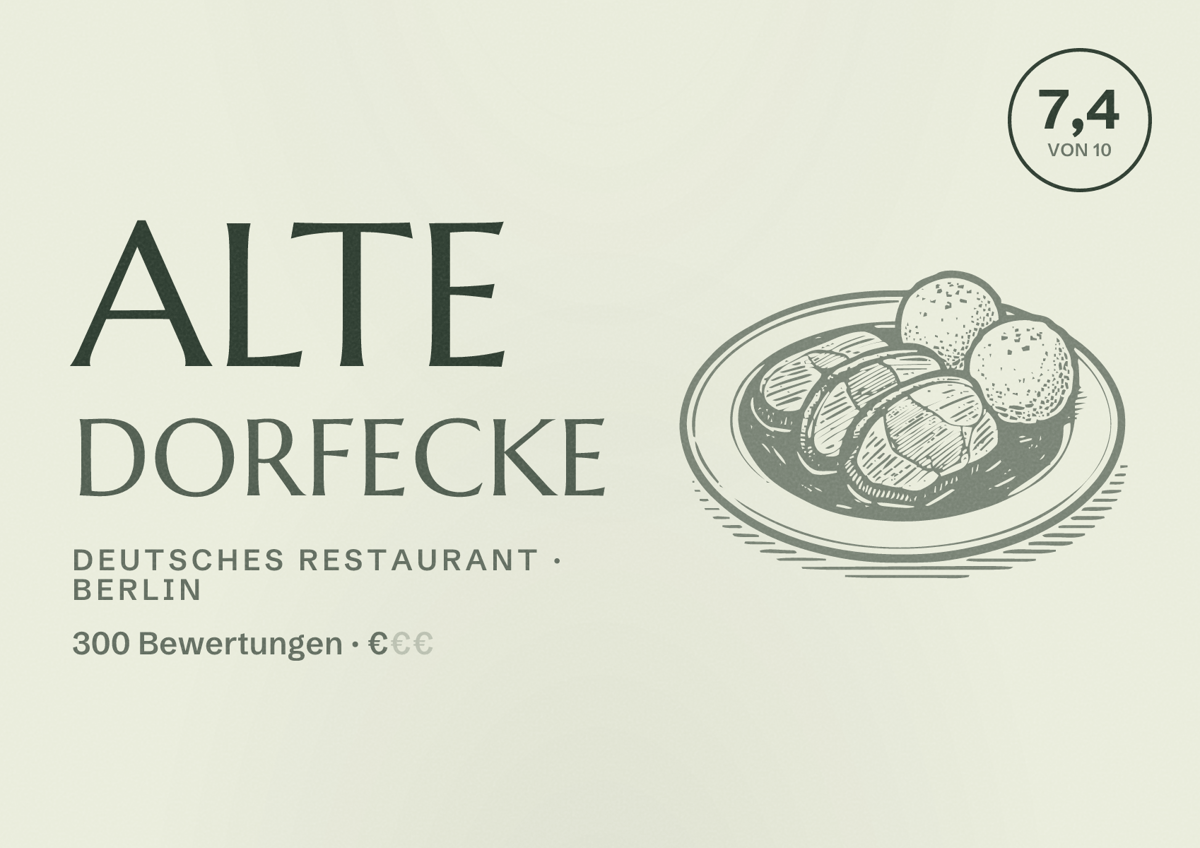 Illustriertes Poster von Alte Dorfecke, Deutsches Restaurant in Berlin: Bewertung 7,4 von 10 aus 300 Bewertungen, Preisniveau €