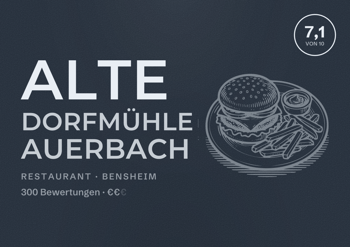 Illustriertes Poster von Alte Dorfmühle Auerbach, Restaurant in Bensheim: Bewertung 7,1 von 10 aus 300 Bewertungen, Preisniveau €€