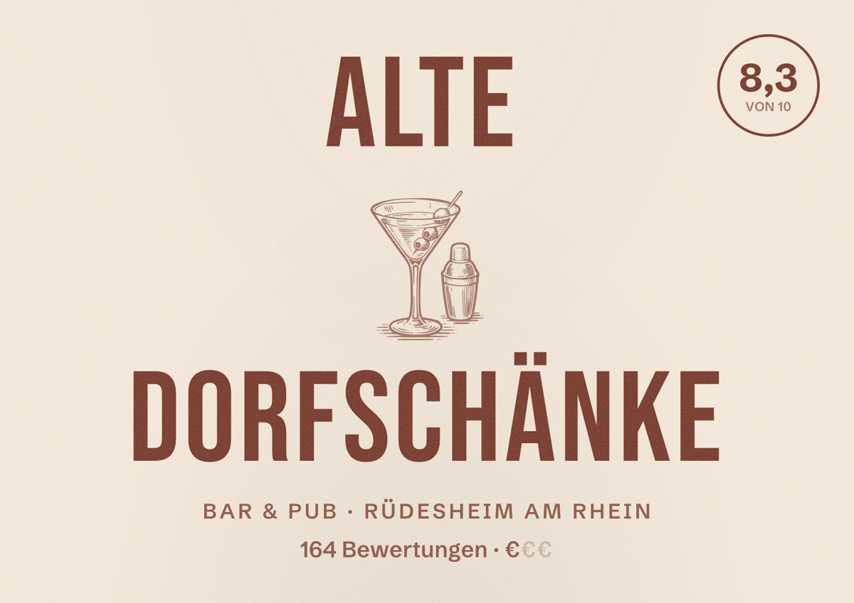 Illustriertes Poster von Alte Dorfschänke, Bar & Pub in Rüdesheim am Rhein: Bewertung 8,3 von 10 aus 164 Bewertungen, Preisniveau €