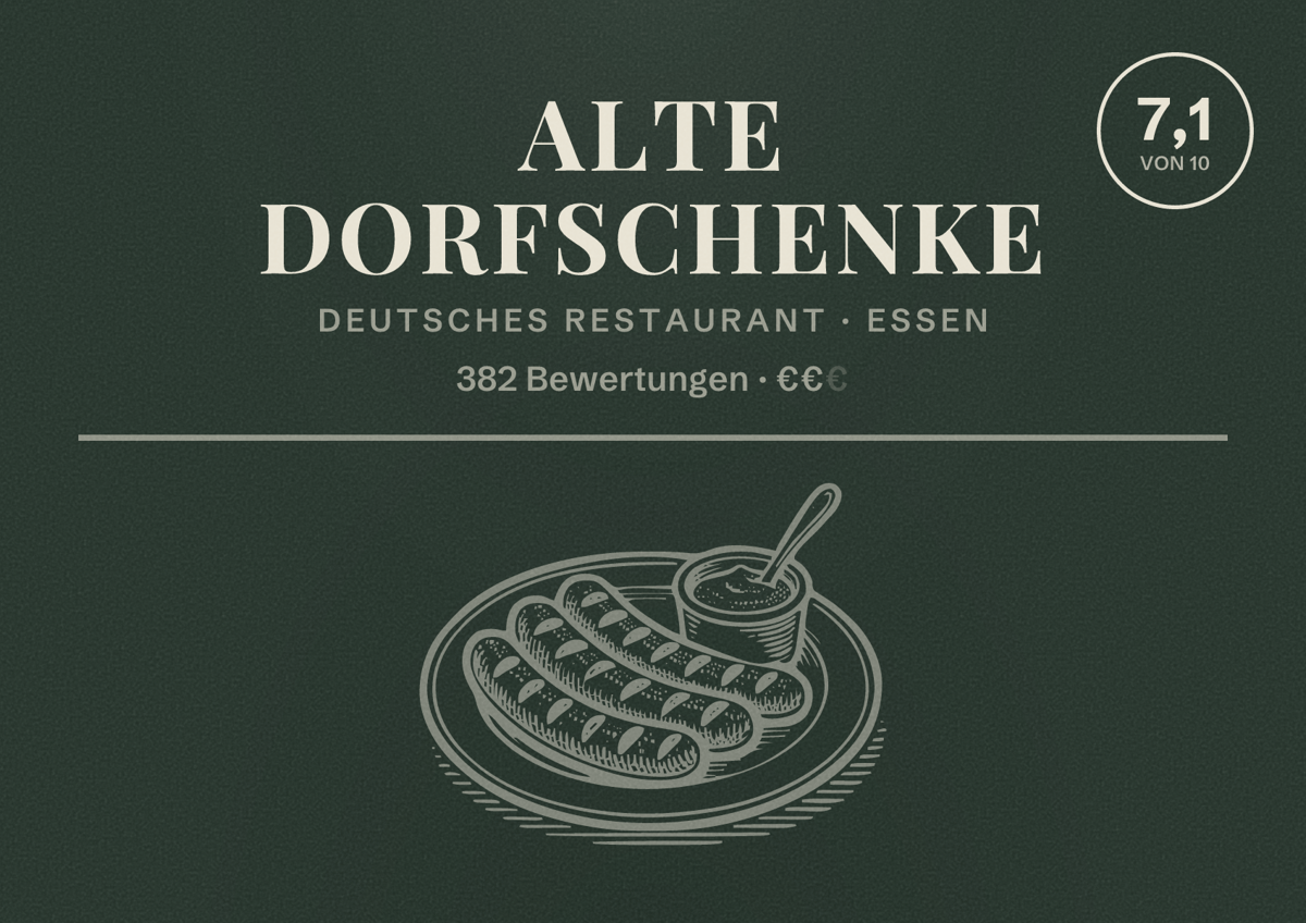 Illustriertes Poster von Alte Dorfschenke, Deutsches Restaurant in Essen: Bewertung 7,1 von 10 aus 382 Bewertungen, Preisniveau €€