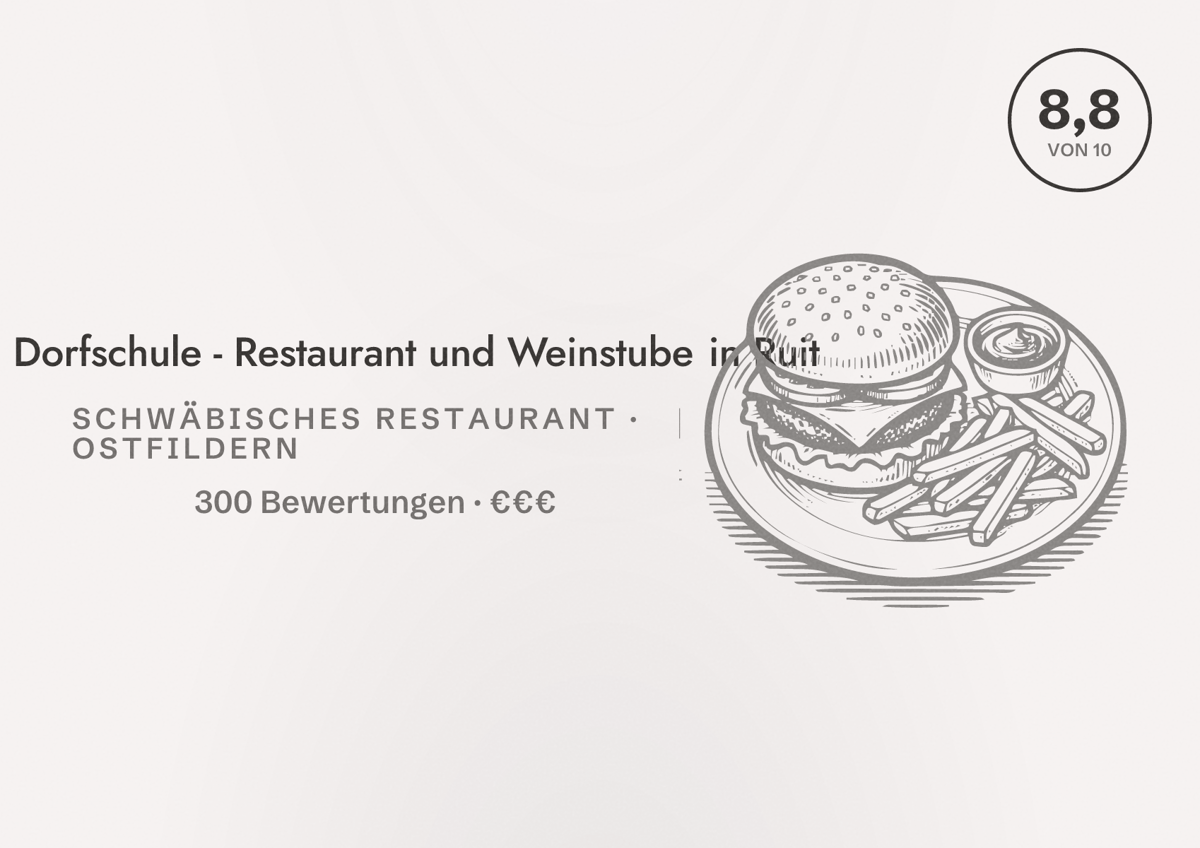 Illustriertes Poster von Alte Dorfschule - Restaurant und Weinstube in Ruit, Schwäbisches Restaurant in Ostfildern: Bewertung 8,8 von 10 aus 300 Bewertungen, Preisniveau €€€