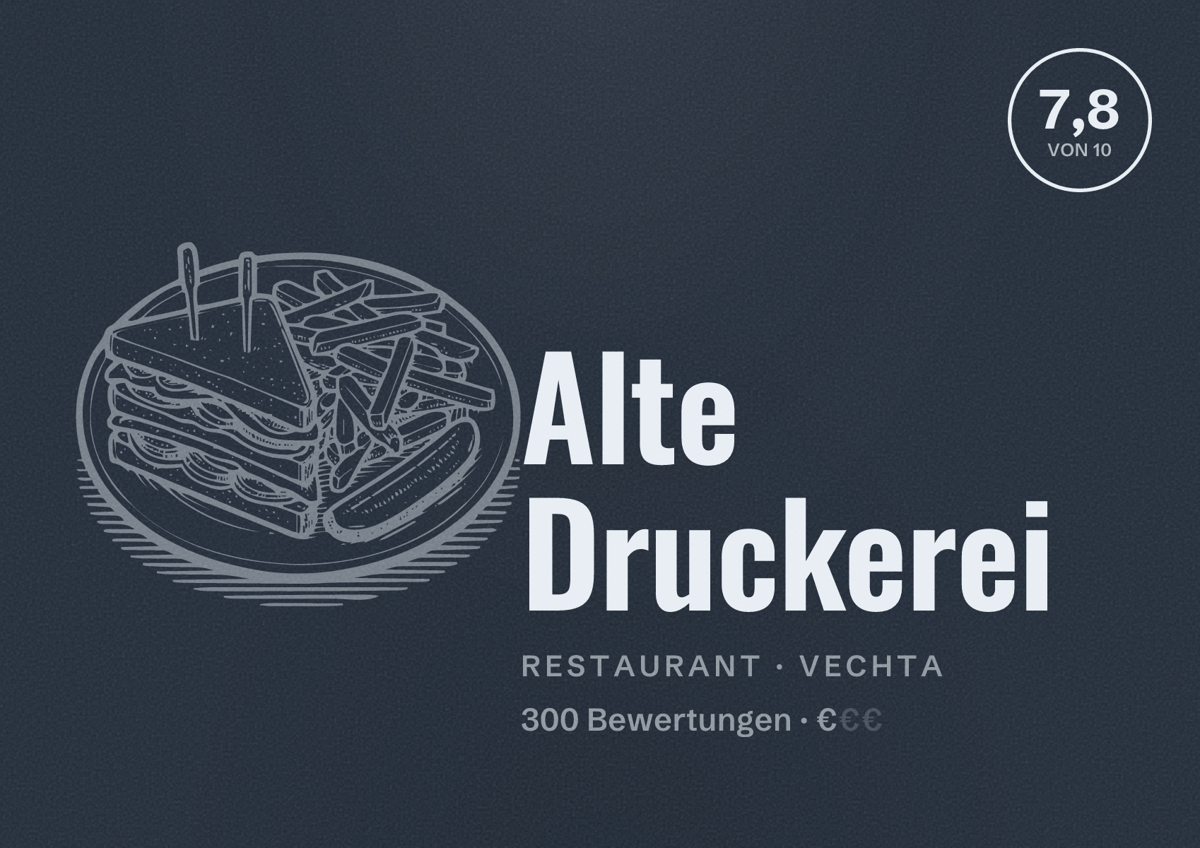 Illustriertes Poster von Alte Druckerei, Restaurant in Vechta: Bewertung 7,8 von 10 aus 300 Bewertungen, Preisniveau €