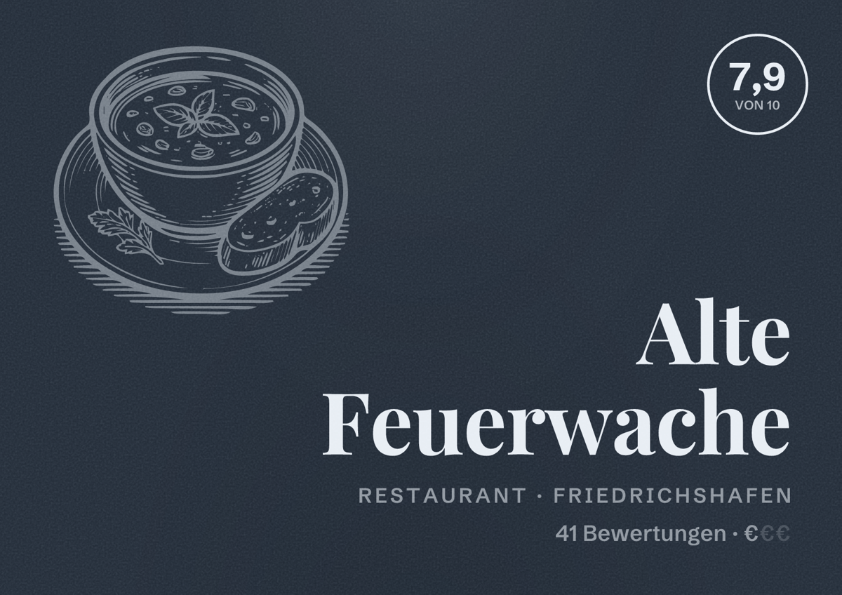 Illustriertes Poster von Alte Feuerwache, Restaurant in Friedrichshafen: Bewertung 7,9 von 10 aus 41 Bewertungen, Preisniveau €