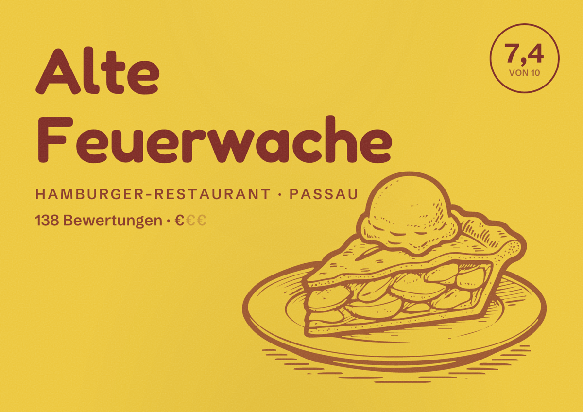 Illustriertes Poster von Alte Feuerwache, Hamburger-Restaurant in Passau: Bewertung 7,4 von 10 aus 138 Bewertungen, Preisniveau €