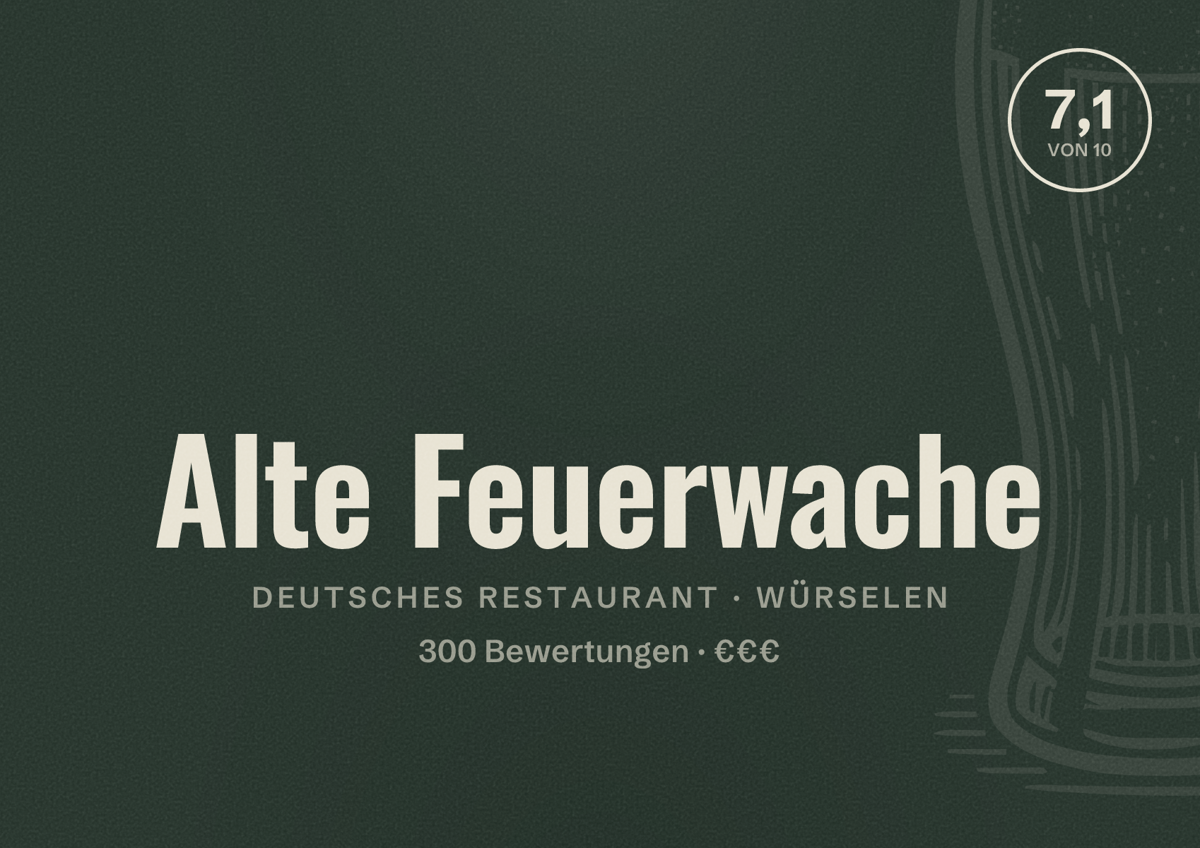 Illustriertes Poster von Alte Feuerwache, Deutsches Restaurant in Würselen: Bewertung 7,1 von 10 aus 300 Bewertungen, Preisniveau €€€