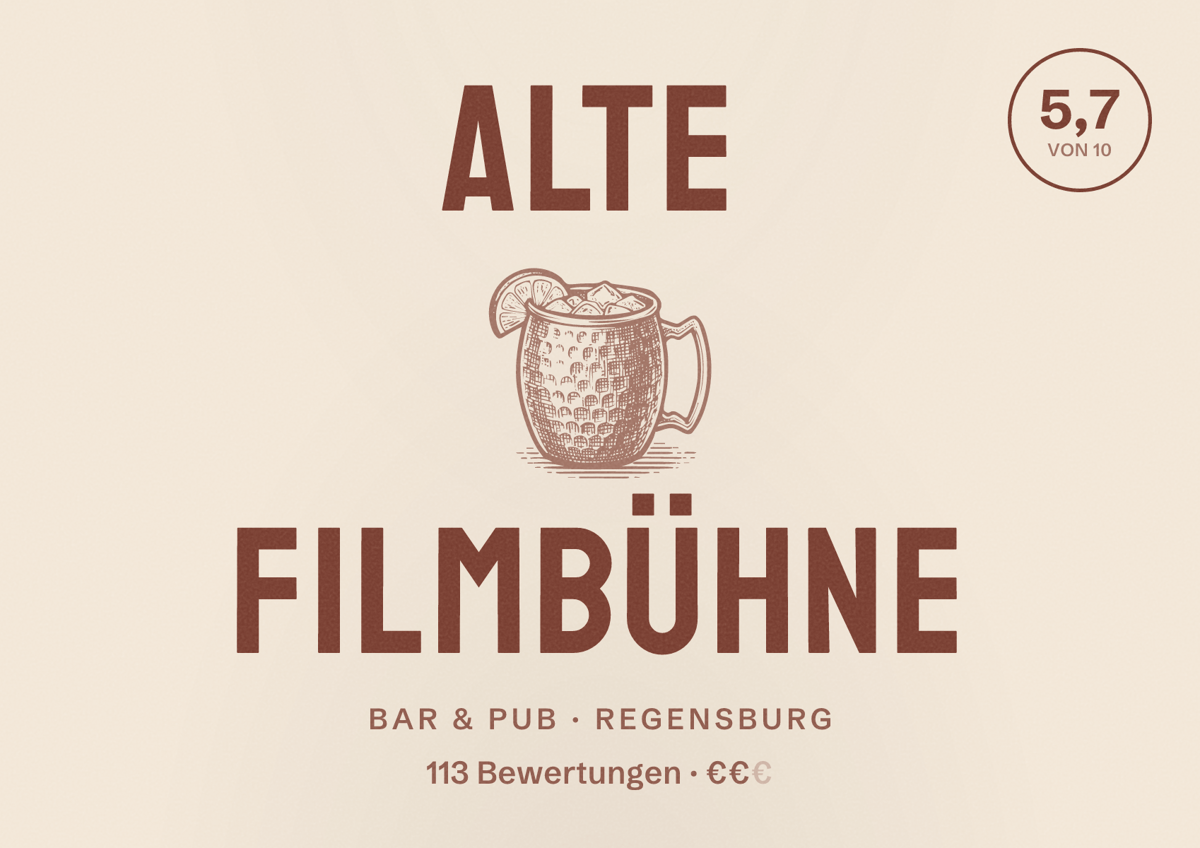 Illustriertes Poster von Alte Filmbühne, Bar & Pub in Regensburg: Bewertung 5,7 von 10 aus 113 Bewertungen, Preisniveau €€
