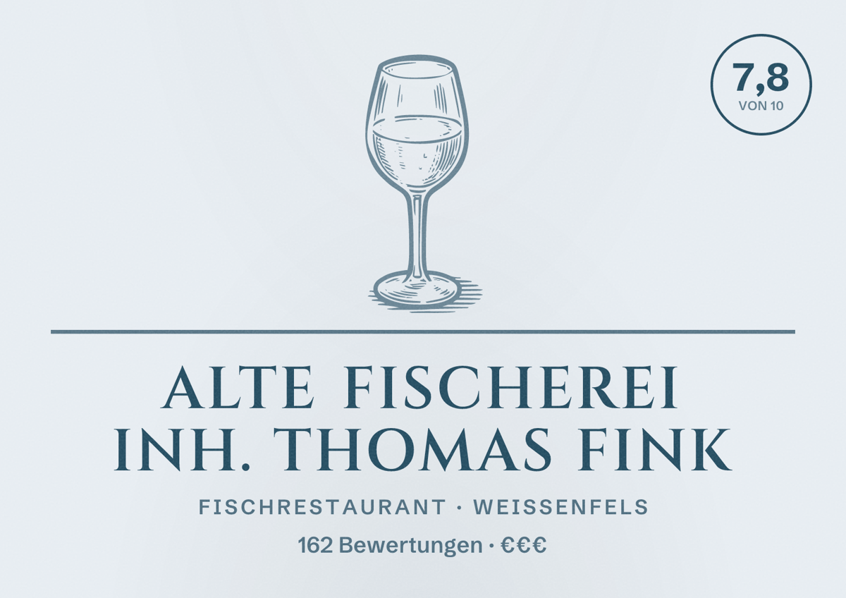 Illustriertes Poster von Alte Fischerei Inh. Thomas Fink, Fischrestaurant in Weißenfels: Bewertung 7,8 von 10 aus 162 Bewertungen, Preisniveau €€€