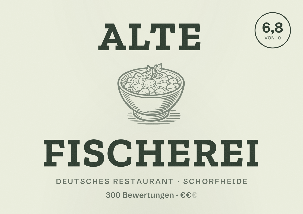 Illustriertes Poster von Alte Fischerei, Deutsches Restaurant in Schorfheide: Bewertung 6,8 von 10 aus 300 Bewertungen, Preisniveau €€