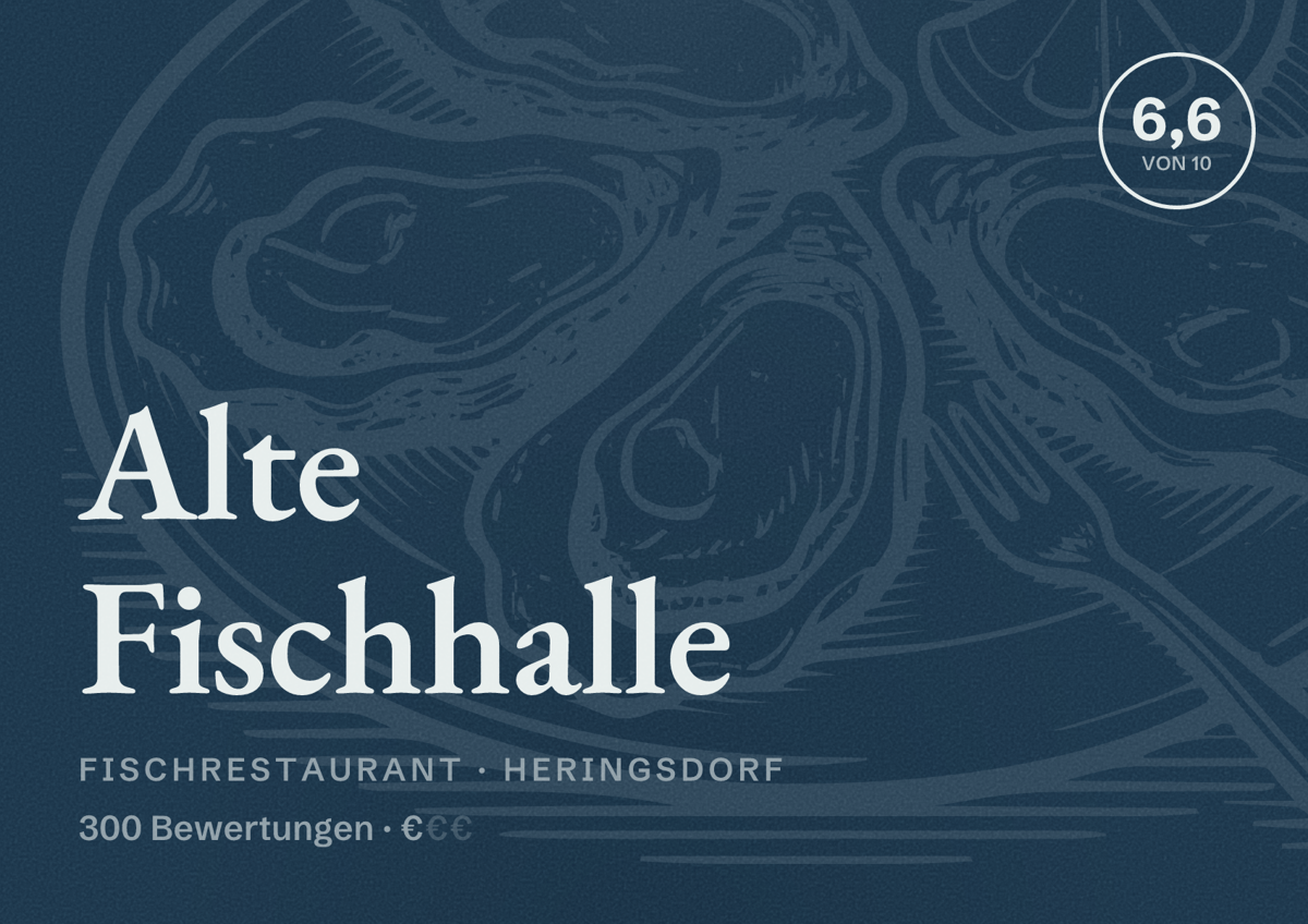 Illustriertes Poster von Alte Fischhalle, Fischrestaurant in Heringsdorf: Bewertung 6,6 von 10 aus 300 Bewertungen, Preisniveau €