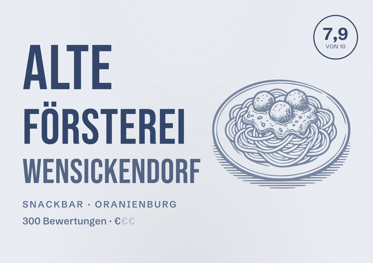 Illustriertes Poster von Alte Försterei Wensickendorf, Snackbar in Oranienburg: Bewertung 7,9 von 10 aus 300 Bewertungen, Preisniveau €