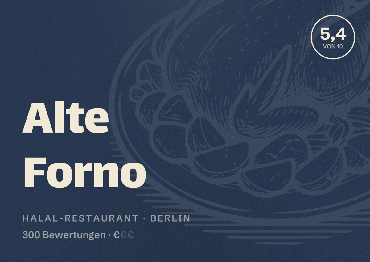 Illustriertes Poster von Alte Forno, Halal-Restaurant in Berlin: Bewertung 5,4 von 10 aus 300 Bewertungen, Preisniveau €