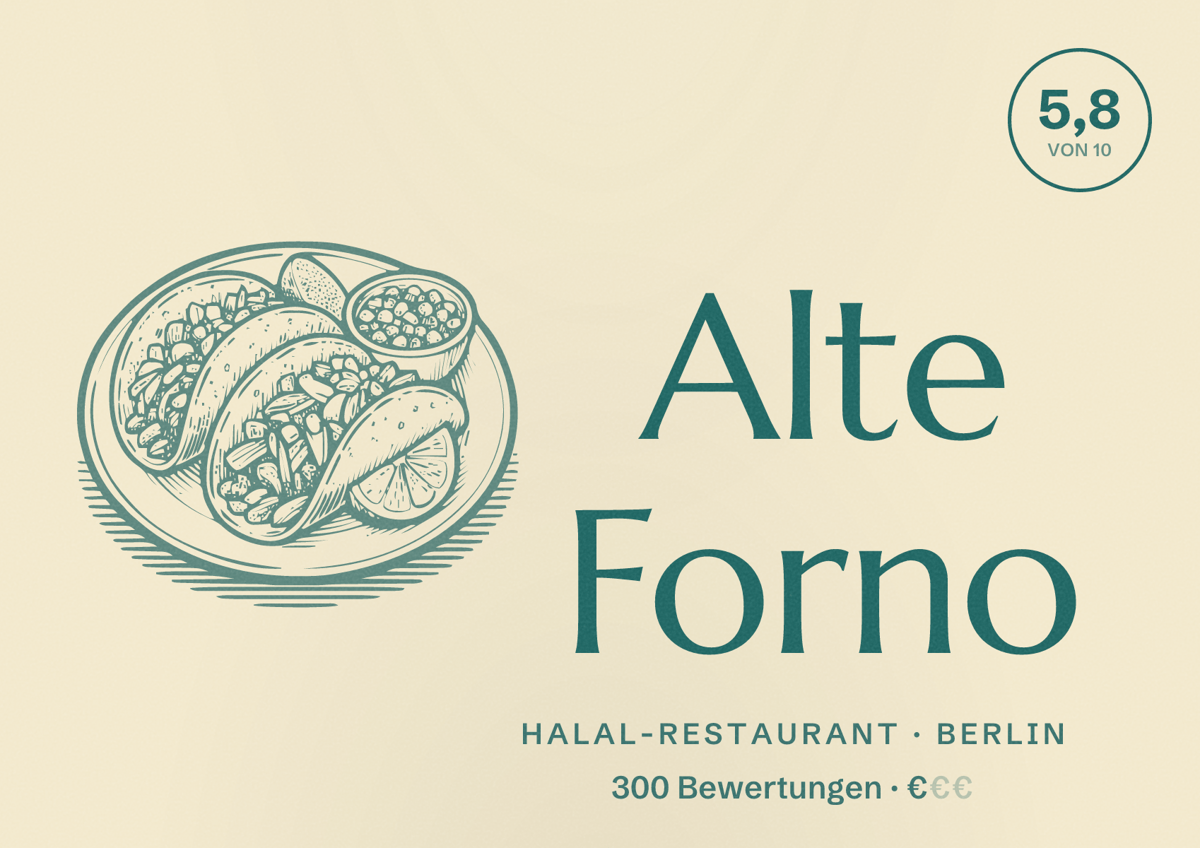 Illustriertes Poster von Alte Forno, Halal-Restaurant in Berlin: Bewertung 5,8 von 10 aus 300 Bewertungen, Preisniveau €