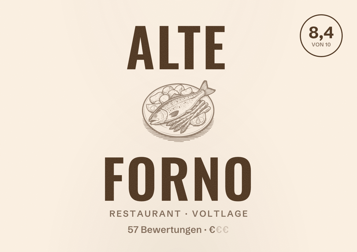 Illustriertes Poster von Alte Forno, Restaurant in Voltlage: Bewertung 8,4 von 10 aus 57 Bewertungen, Preisniveau €