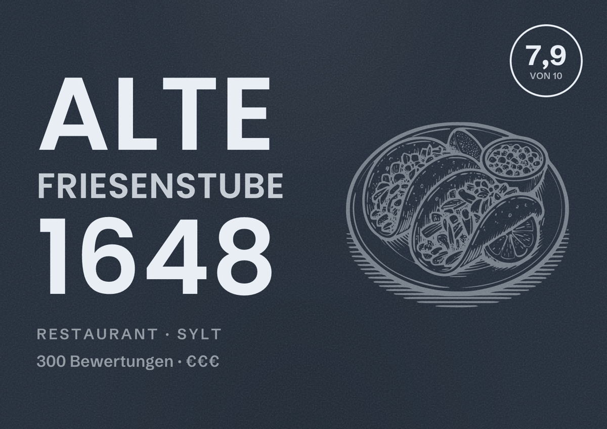 Illustriertes Poster von Alte Friesenstube 1648, Restaurant in Sylt: Bewertung 7,9 von 10 aus 300 Bewertungen, Preisniveau €€€