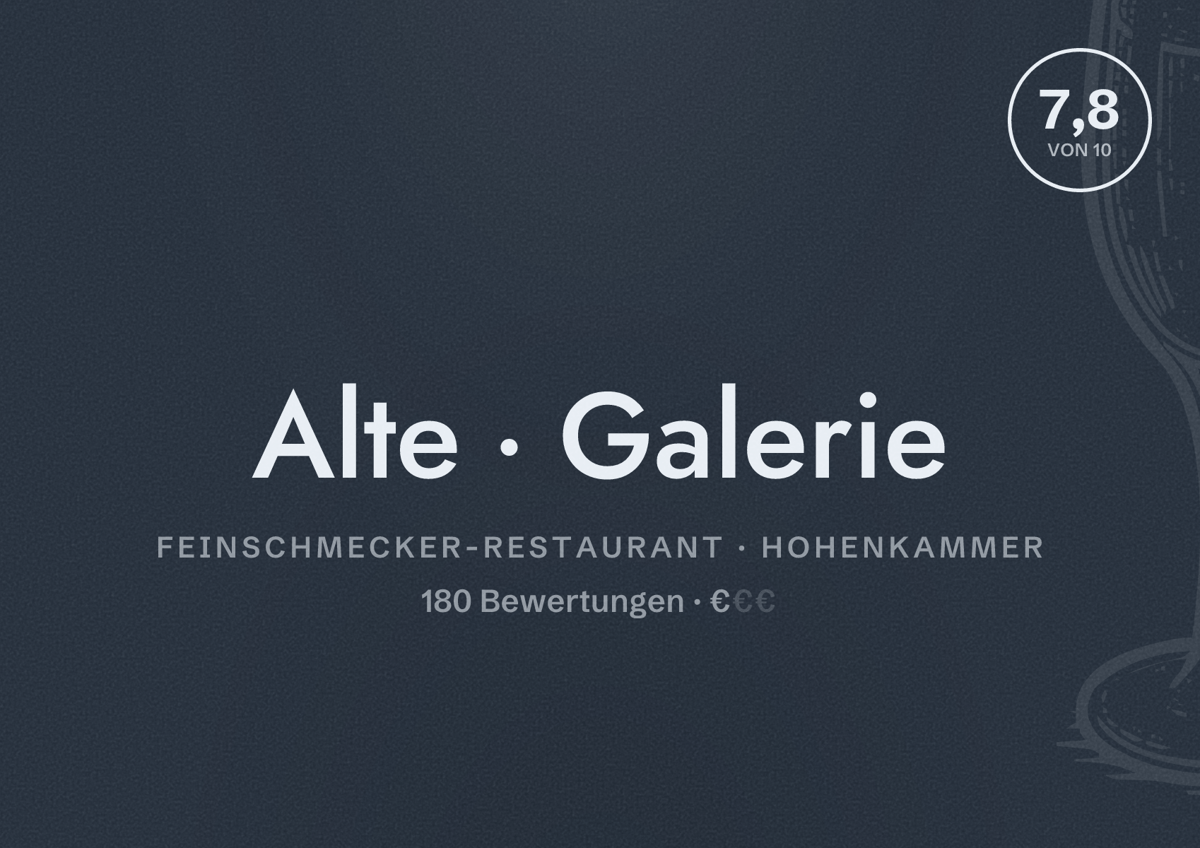 Illustriertes Poster von Alte Galerie, Feinschmecker-Restaurant in Hohenkammer: Bewertung 7,8 von 10 aus 180 Bewertungen, Preisniveau €