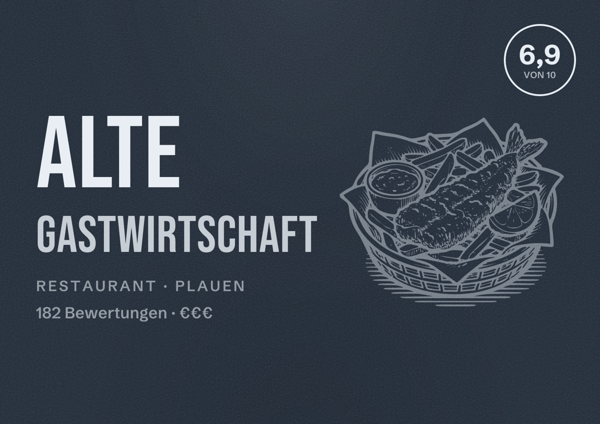 Illustriertes Poster von Alte Gastwirtschaft, Restaurant in Plauen: Bewertung 6,9 von 10 aus 182 Bewertungen, Preisniveau €€€