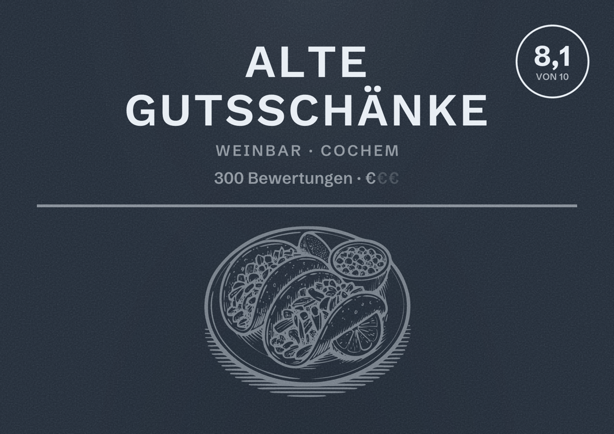 Illustriertes Poster von Alte Gutsschänke, Weinbar in Cochem: Bewertung 8,1 von 10 aus 300 Bewertungen, Preisniveau €